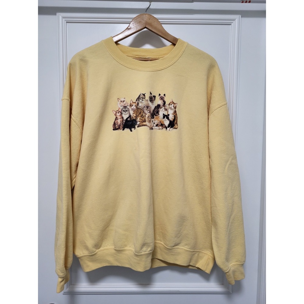 Gildan Graphic Novelty Cat Crewneck Sweatshirt Yellow Sz XL